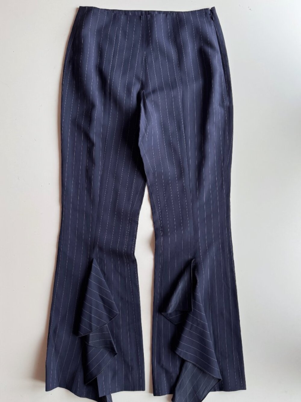 NWT SONIA RYKIEL Navy Blue Pinstripe Wool Silk Front Ruffle Slit Pants, Size S
